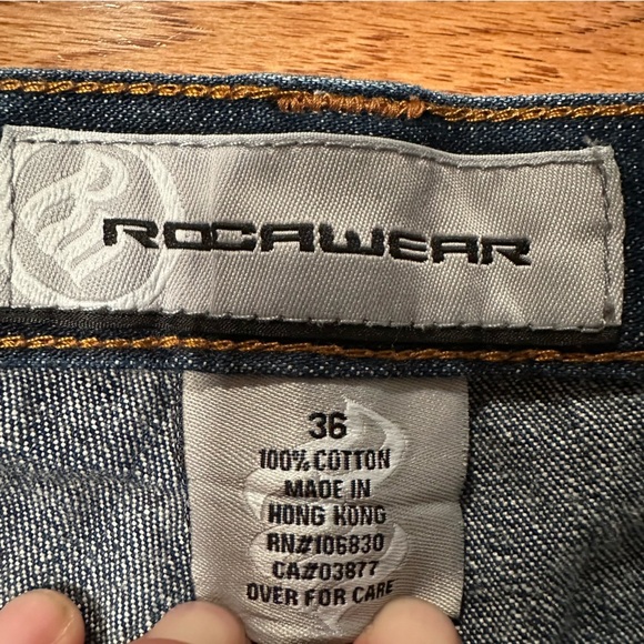 ROCAWEAR Men’s Y2K Baggy Wide-leg Dark Wash Denim Jeans Size 36 Embroidered RW - Picture 4 of 11